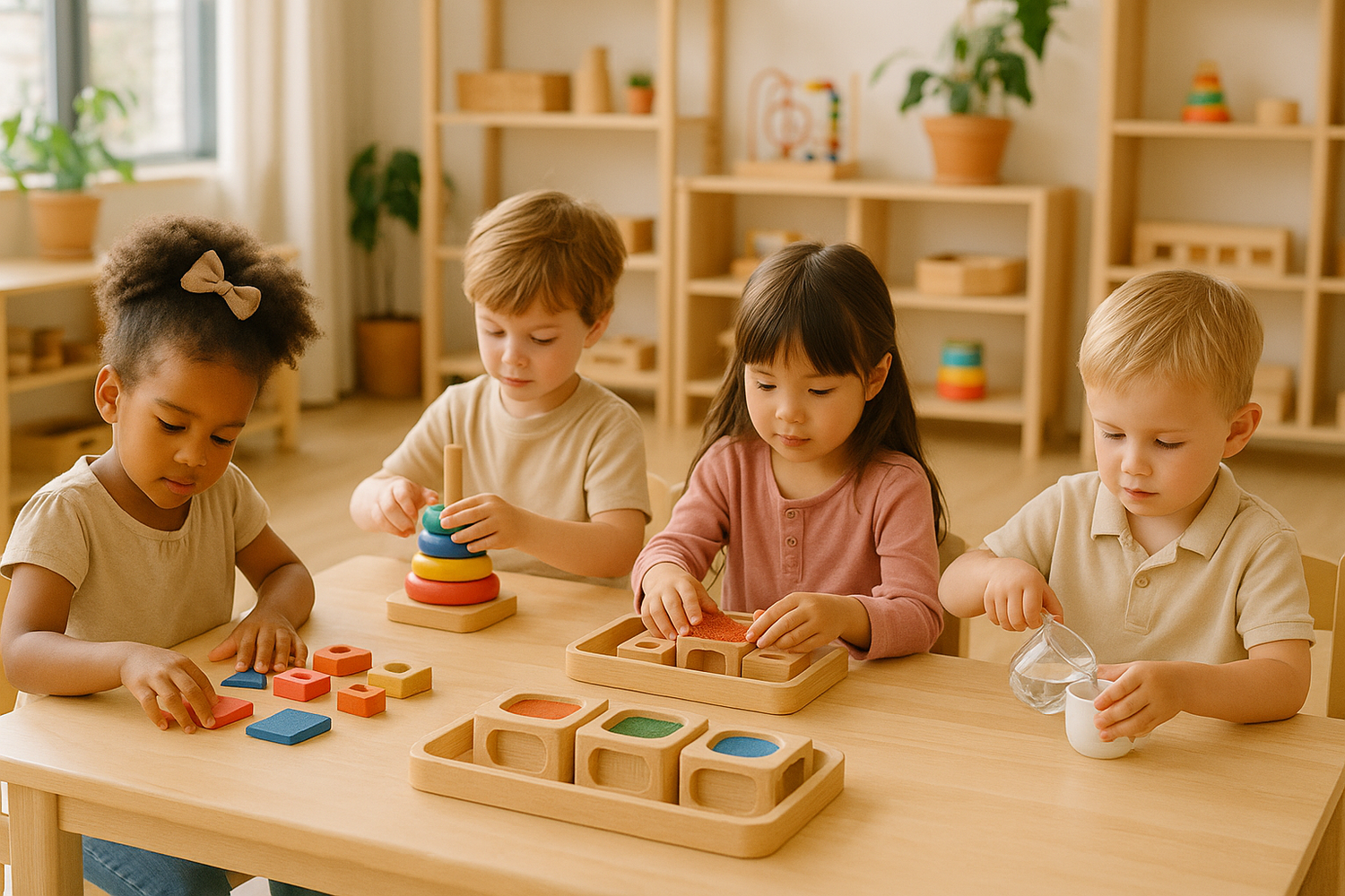 Niños jugando con juguetes montessori
